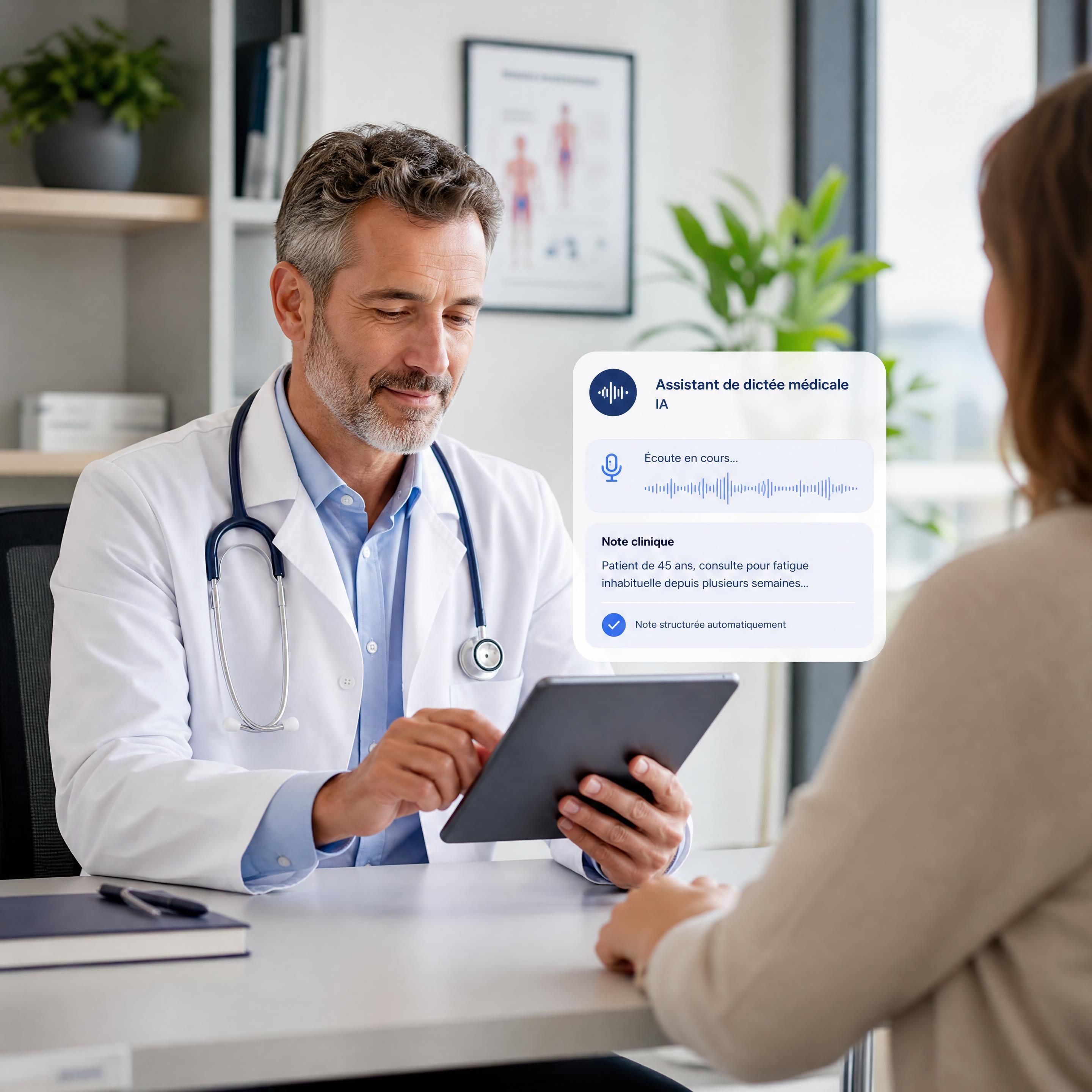 Médecin en consultation utilisant un assistant de dictée médicale par intelligence artificielle sur tablette, cabinet médical moderne